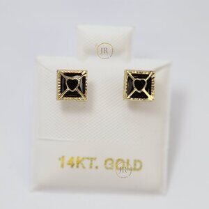5mm Solid 14K Gold Square Stud Earrings with Black Heart Center • Elegant Design